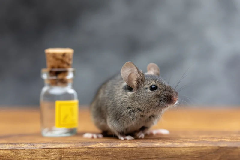 Small gray mouse sitting on wooden surface next to glass bottle with cork and yellow label