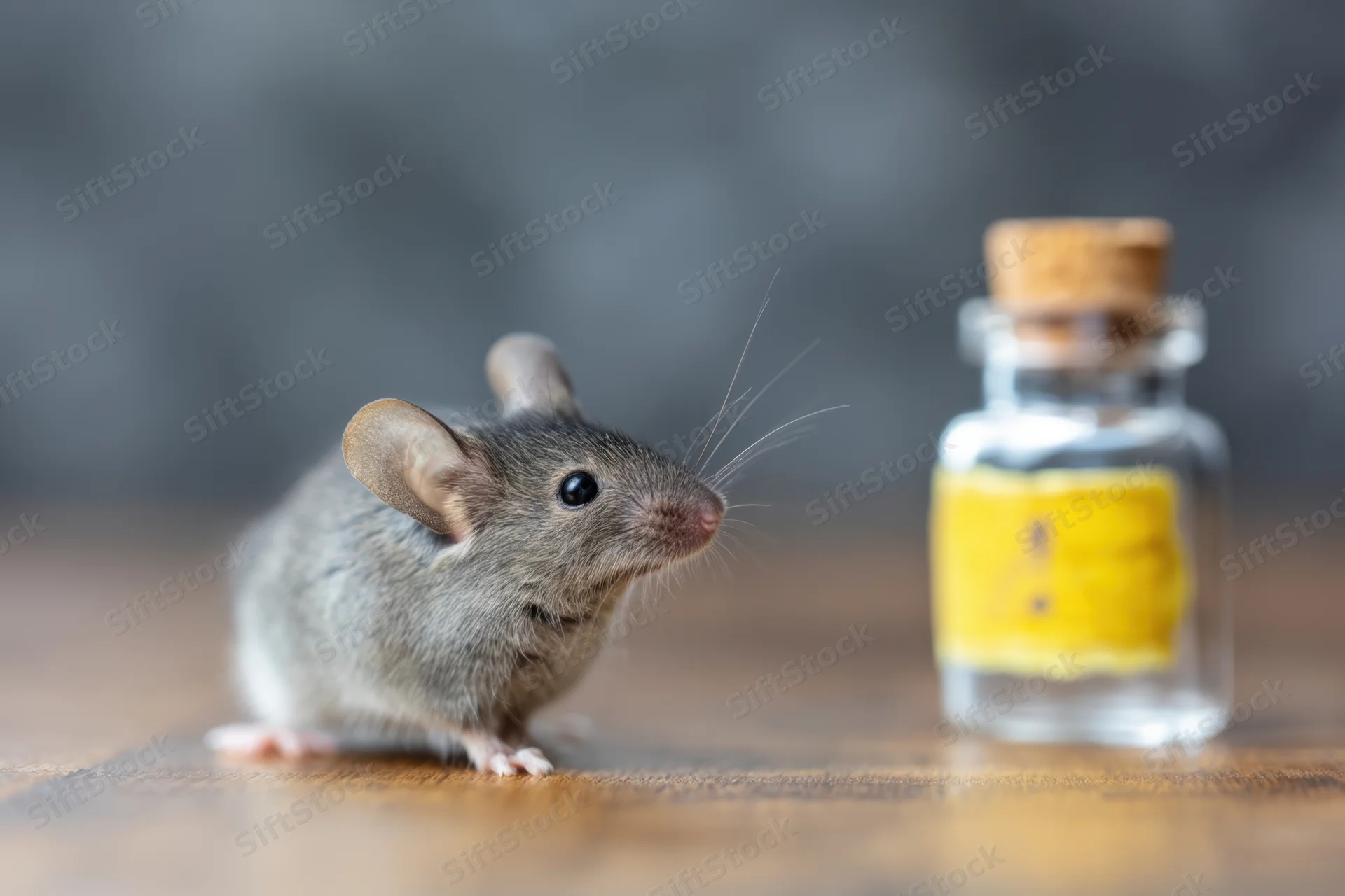 Small gray mouse standing on wooden surface next to glass bottle with cork and yellow label
