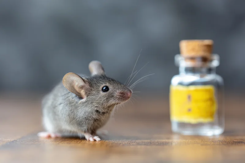 Small gray mouse standing on wooden surface next to glass bottle with cork and yellow label