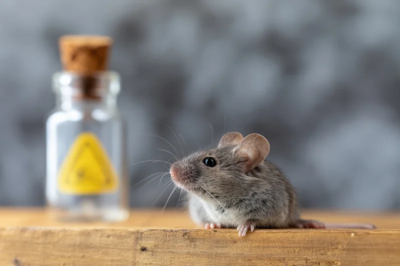 Small gray mouse sitting on wooden surface next to glass bottle with yellow hazard label and cork stopper