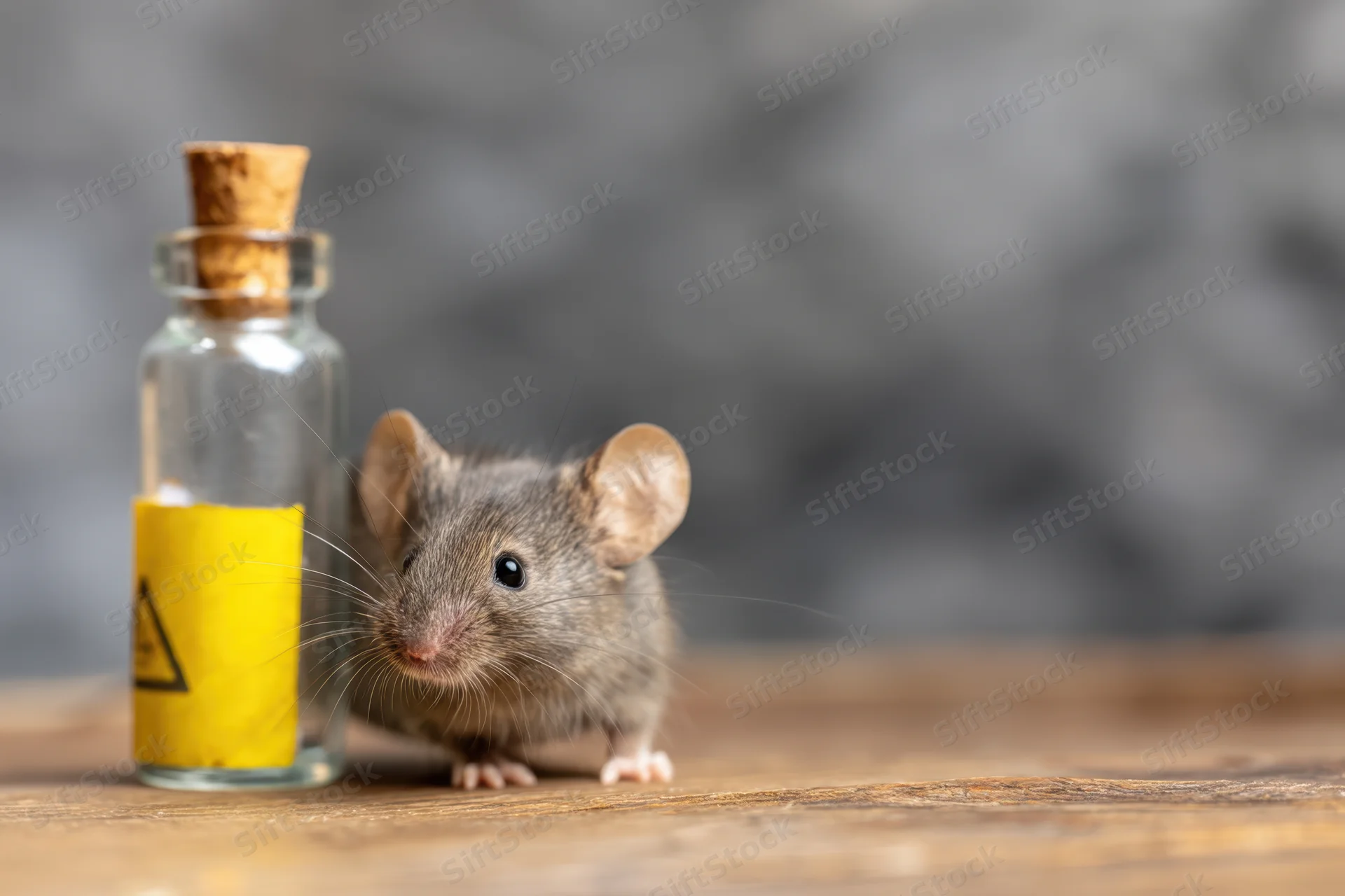 Small gray mouse standing beside a glass bottle with yellow warning label on wooden surface