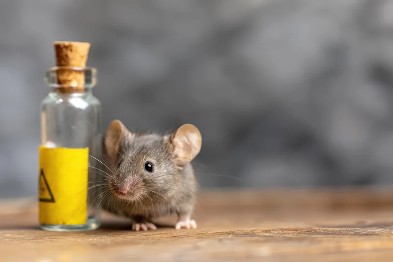 Small gray mouse standing beside a glass bottle with yellow warning label on wooden surface