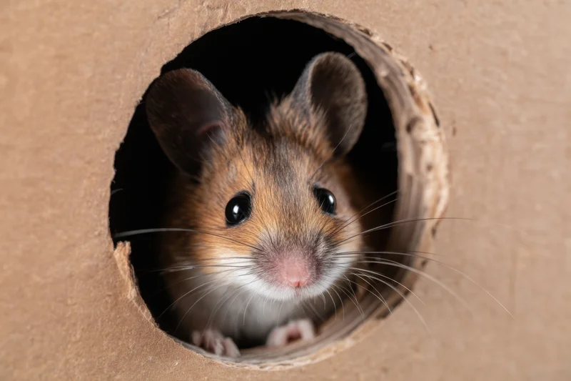 Small mouse peeking out from a cardboard hole with large eyes and whiskers, front paws visible, in a close-up view