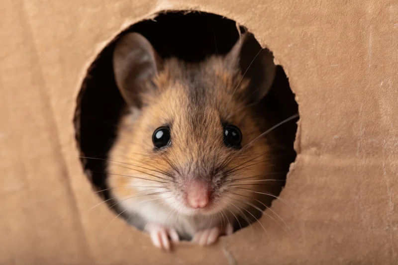 Small mouse peeking out from a hole in cardboard with paws visible and curious eyes looking forward
