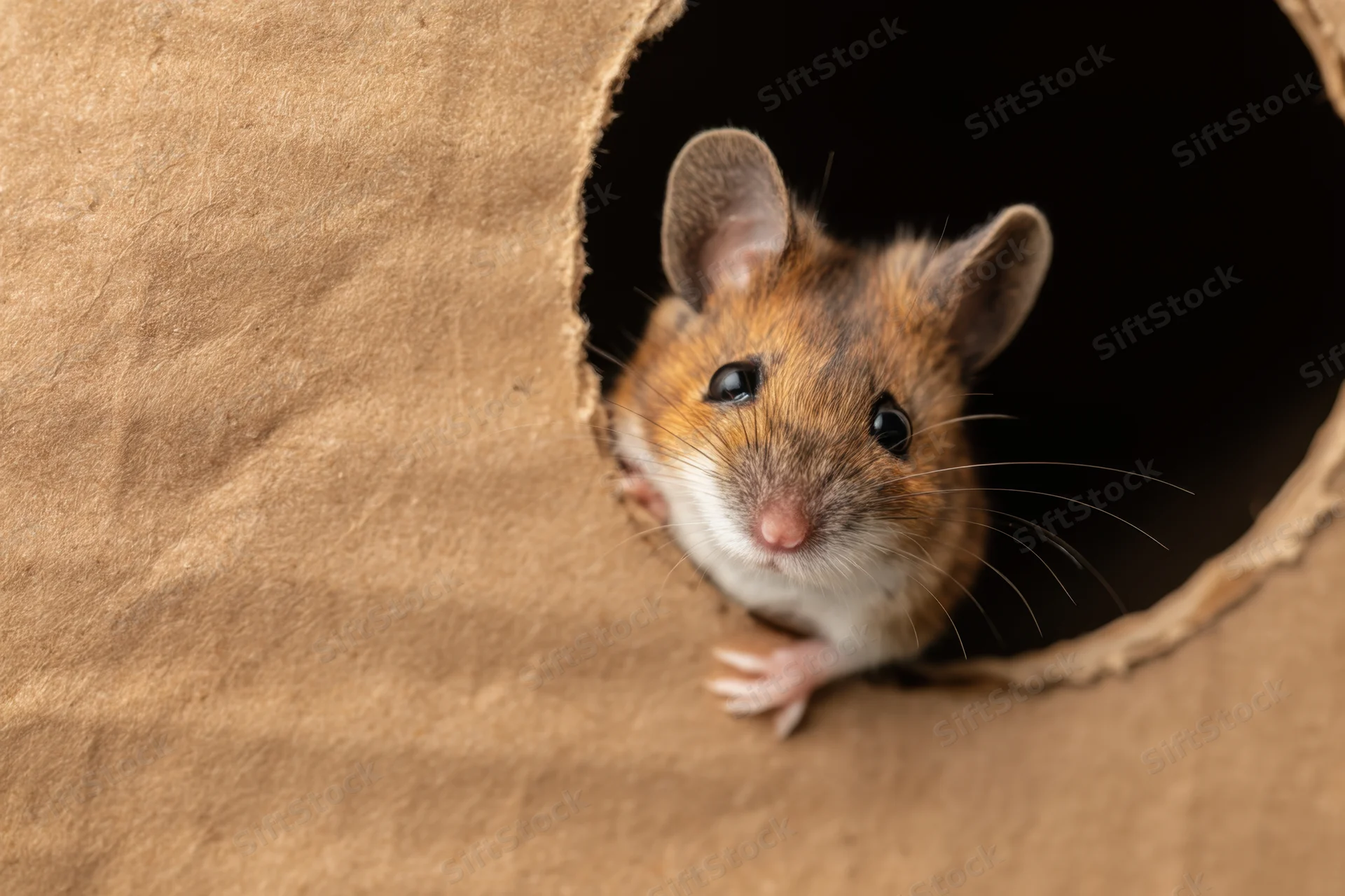 Small mouse peeking out from a cardboard hole with visible whiskers and paws