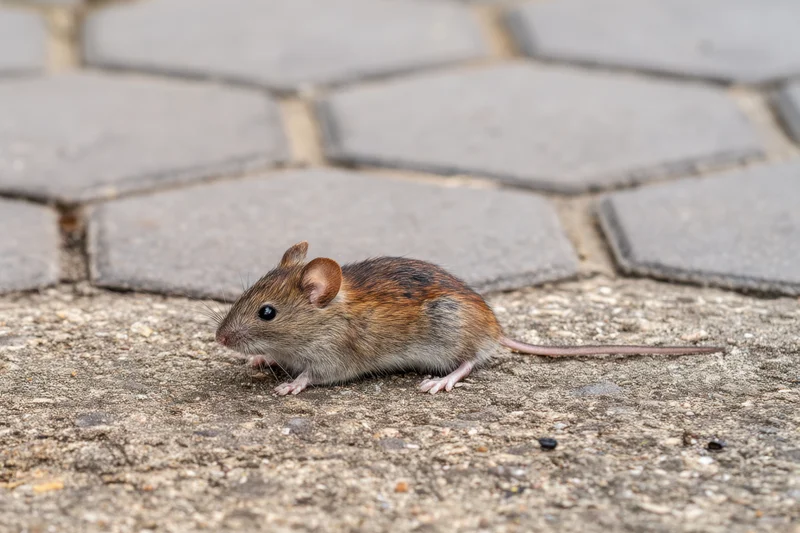 Small mouse lying on rough textured pavement with hexagonal stone tiles in background