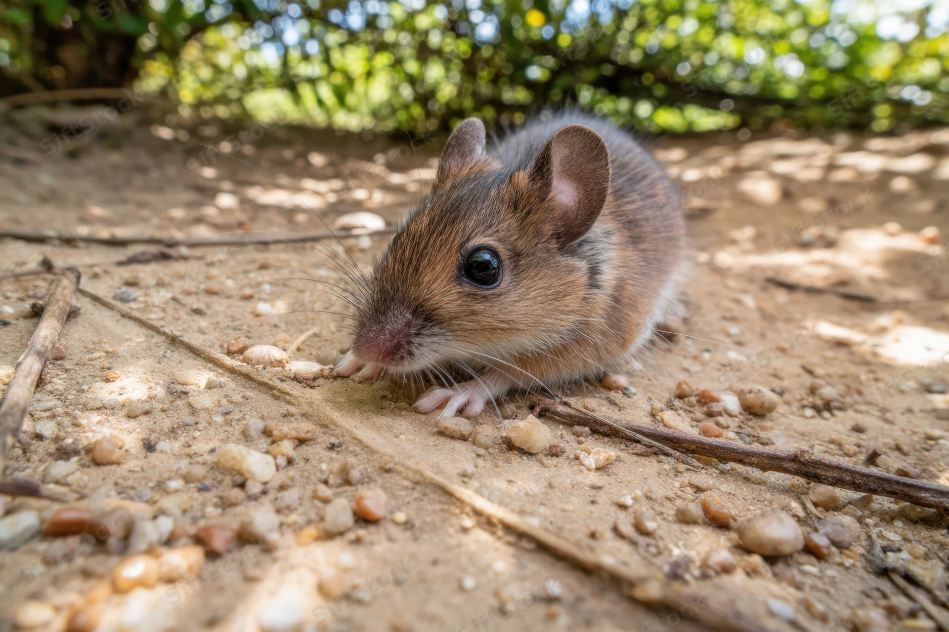 Small mouse with soft fur foraging on dirt ground under dappled sunlight near green foliage