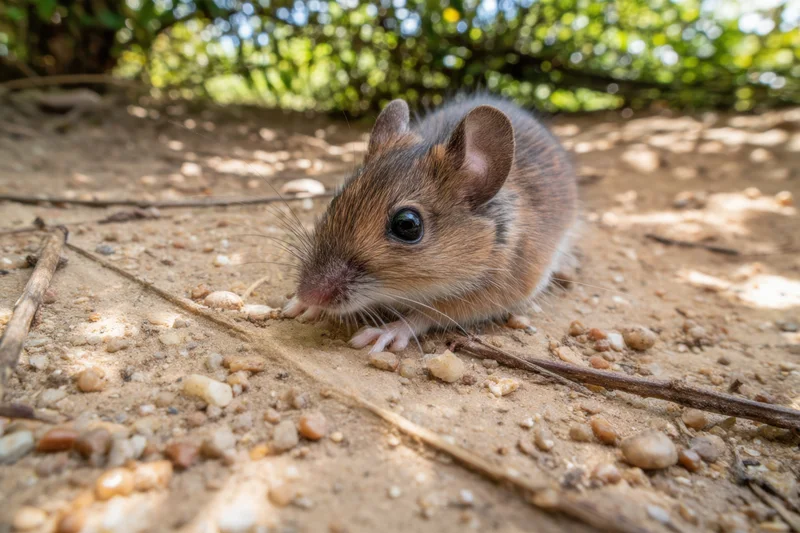 Small mouse with soft fur foraging on dirt ground under dappled sunlight near green foliage