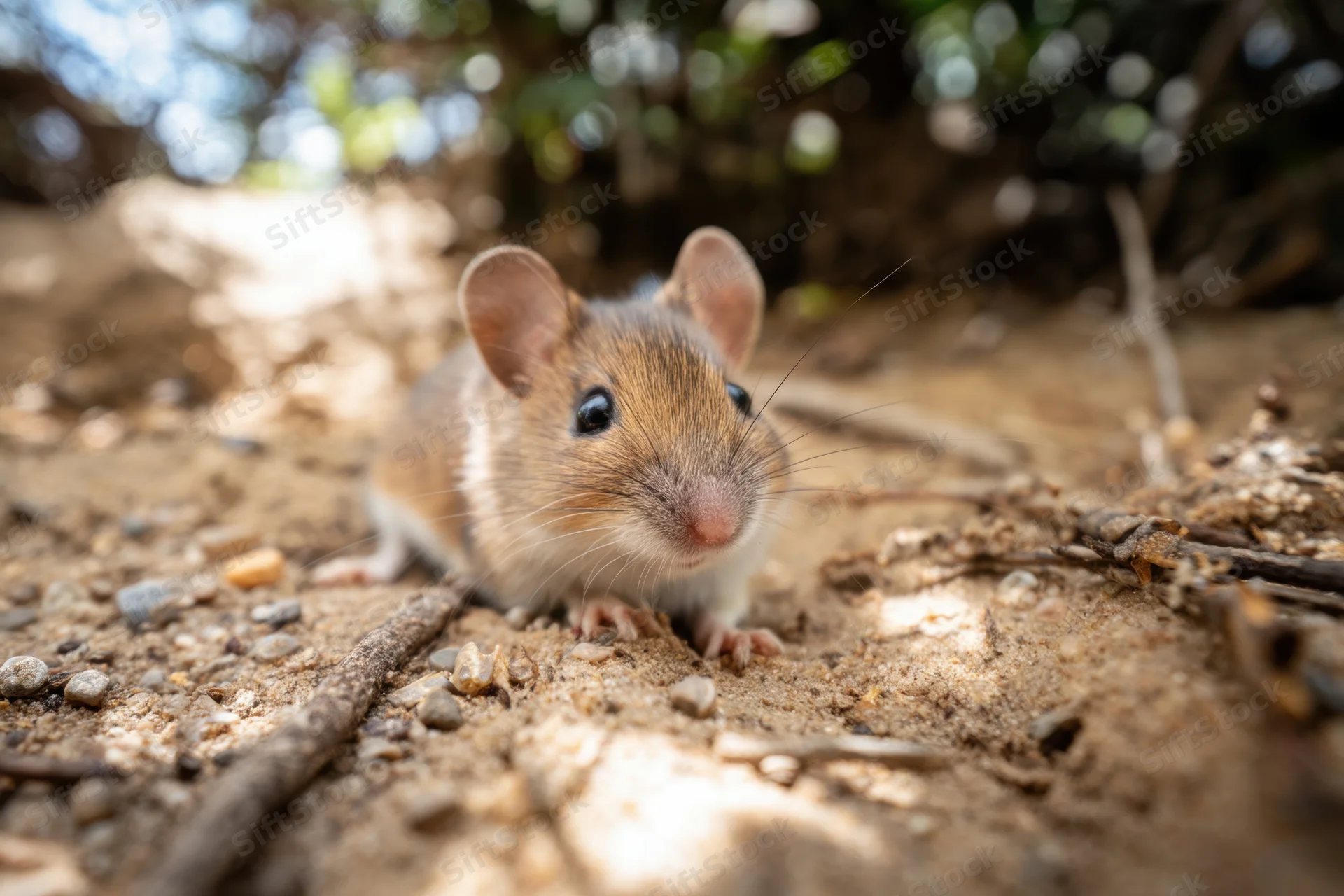 Small mouse with soft fur standing on dirt ground in natural habitat