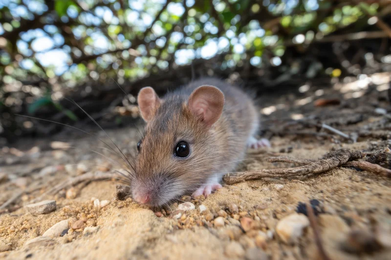 Small mouse with soft fur lying on dirt ground under tree branches in natural outdoor setting
