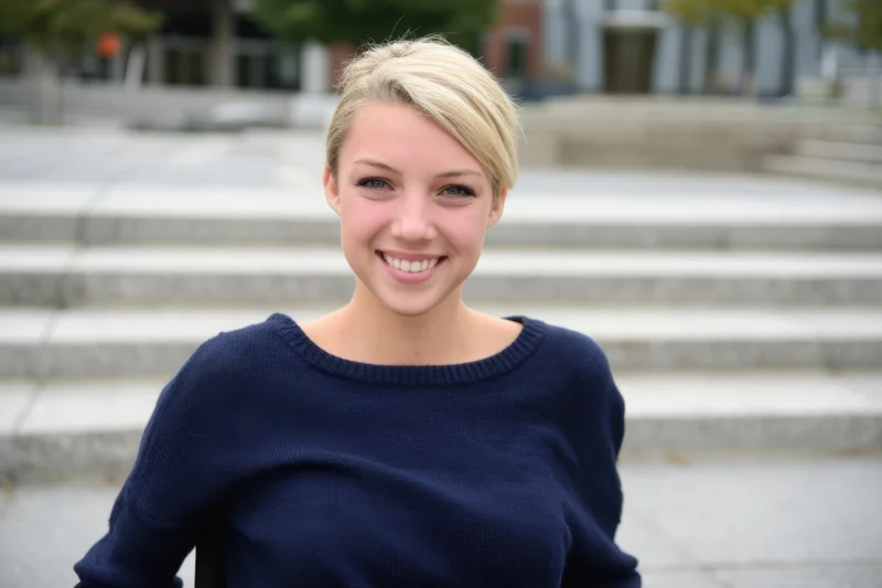 Smiling blonde woman in wheelchair outdoors on steps wearing navy sweater
