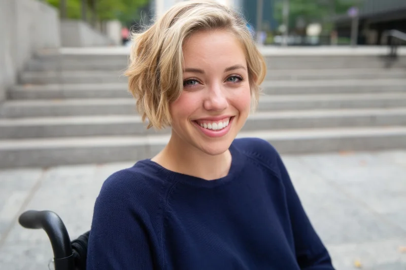 Smiling blonde woman in wheelchair outdoors on city pavement near steps