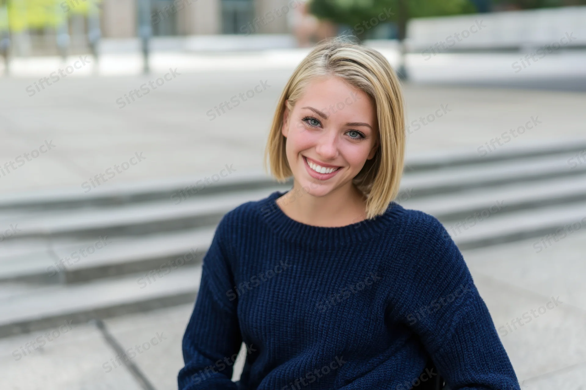 Smiling blonde woman in wheelchair outdoors wearing navy sweater on steps