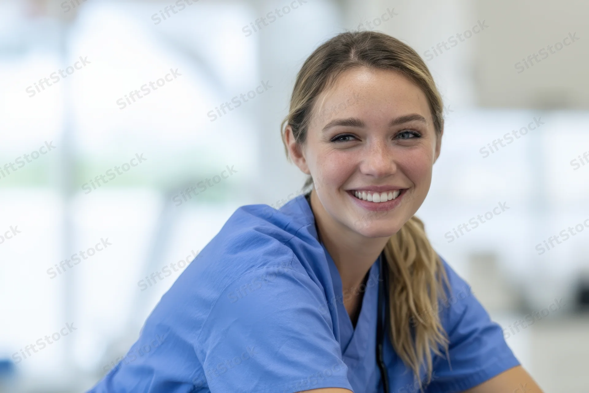 Smiling clinician in blue scrubs with ponytail leaning forward in a bright medical office