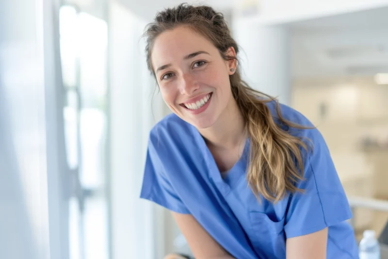 Smiling clinician in blue scrubs with ponytail leaning indoors near window