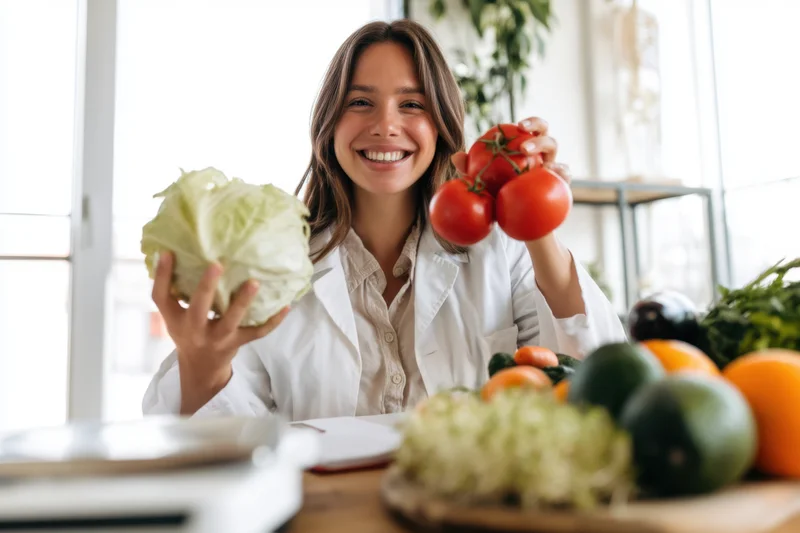 Smiling female nutritionist in lab coat holding vegetables and fruits at kitchen table