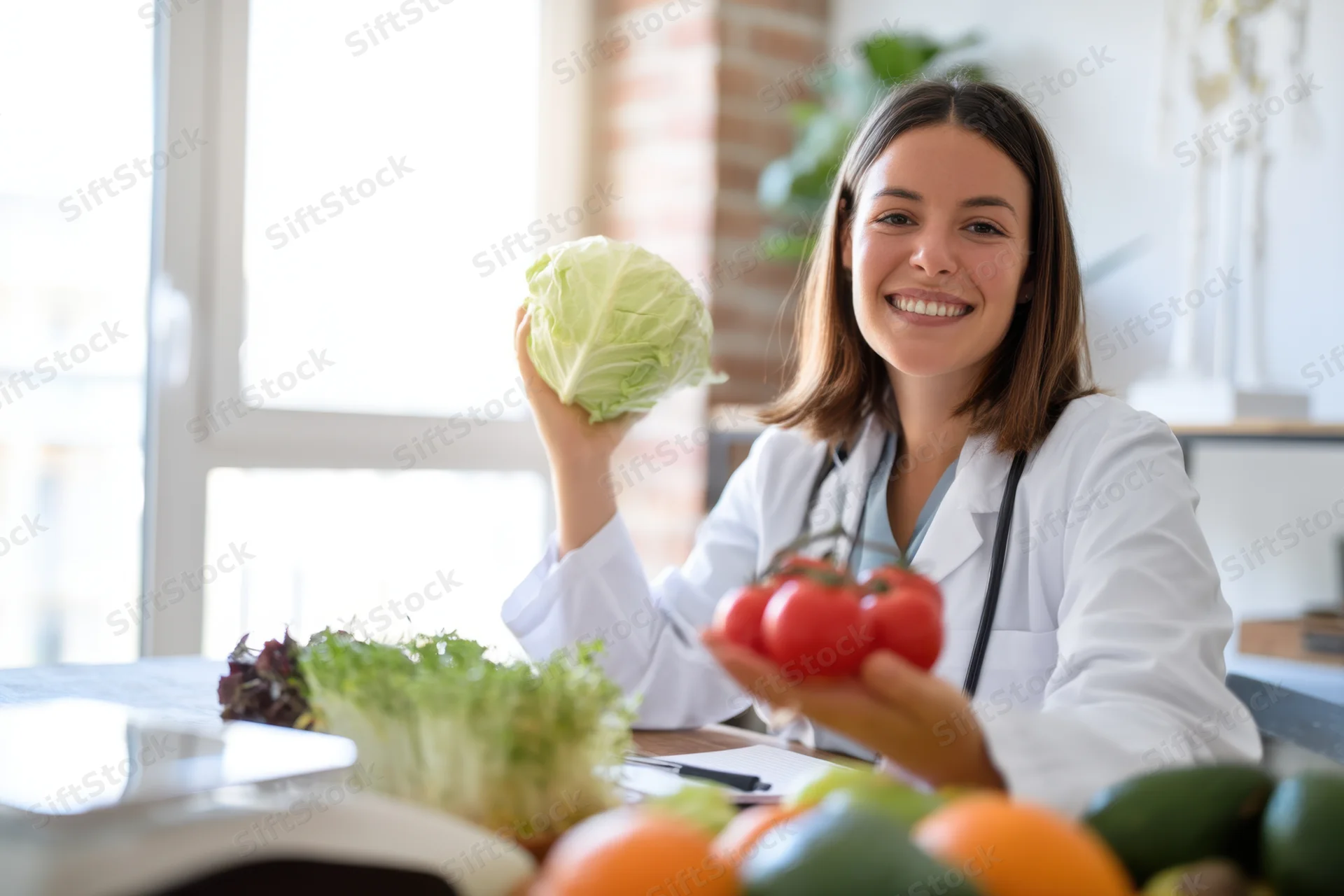 Smiling female nutritionist in white lab coat holding vegetables at kitchen table