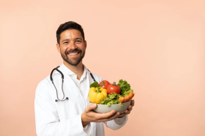 Smiling male doctor in white lab coat holding bowl of fresh vegetables against plain background