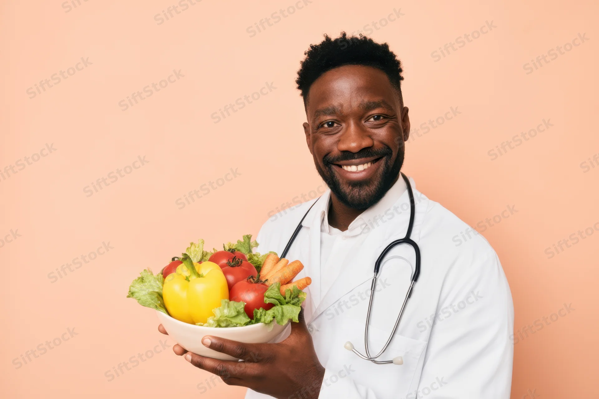 Smiling male doctor in lab coat holding bowl of fresh vegetables against peach background