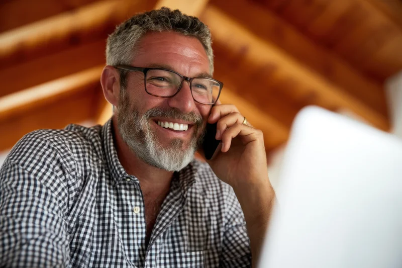 Smiling man in checkered shirt talking on phone while working at laptop in home office