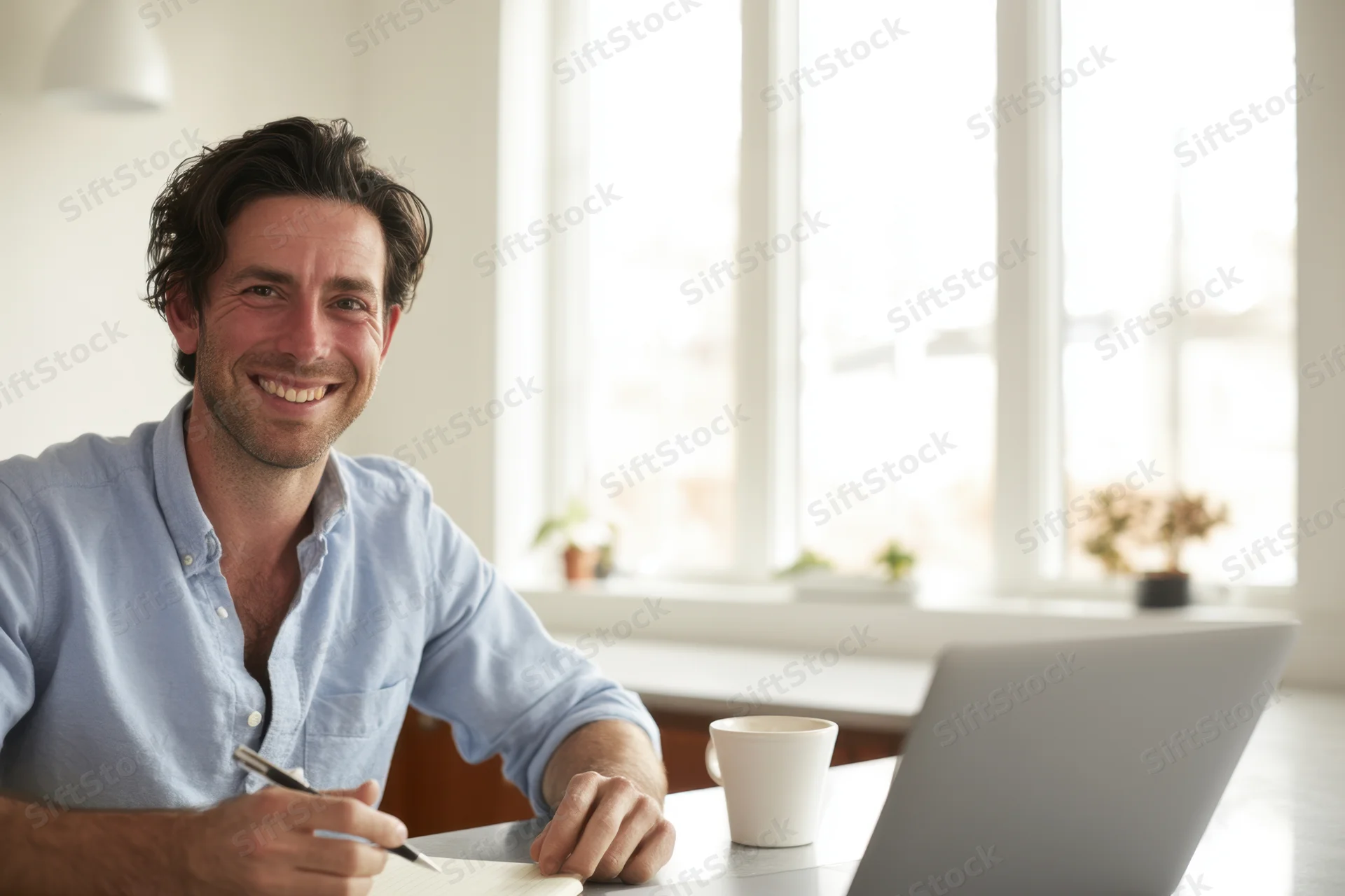 Smiling man working at laptop on modern desk in bright office space