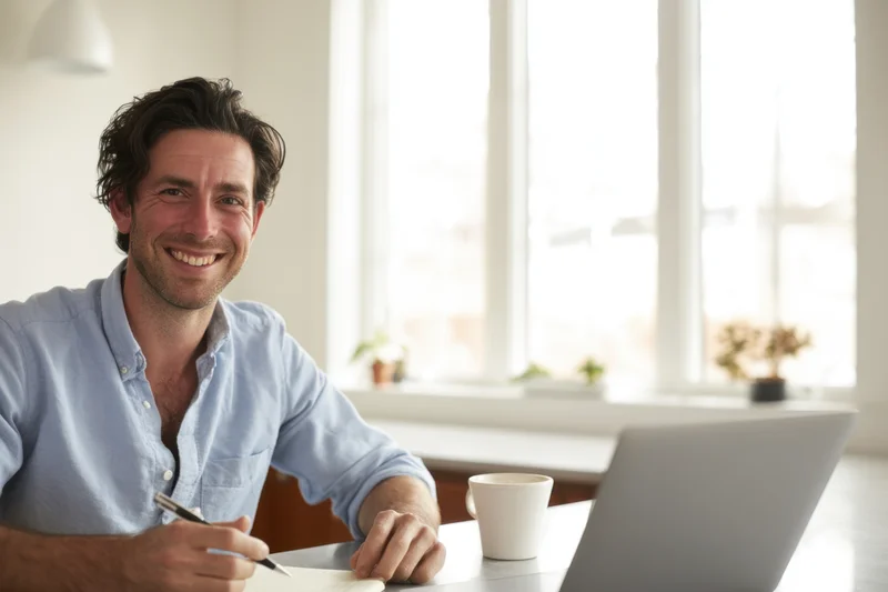 Smiling man working at laptop on modern desk in bright office space