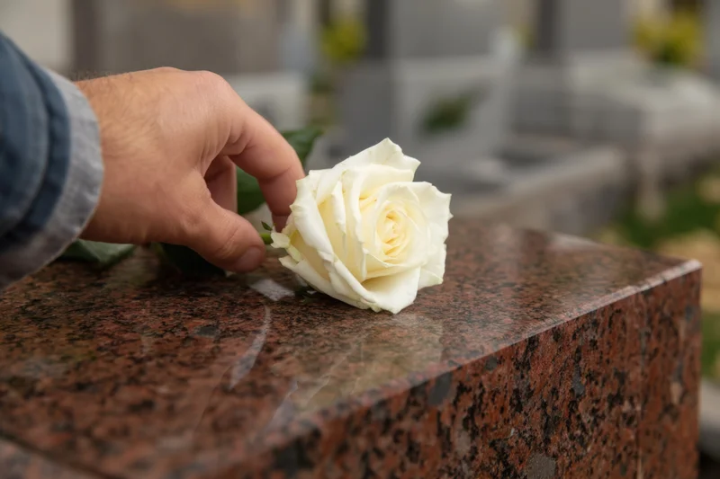 Hand placing a white rose on a granite tombstone in a cemetery