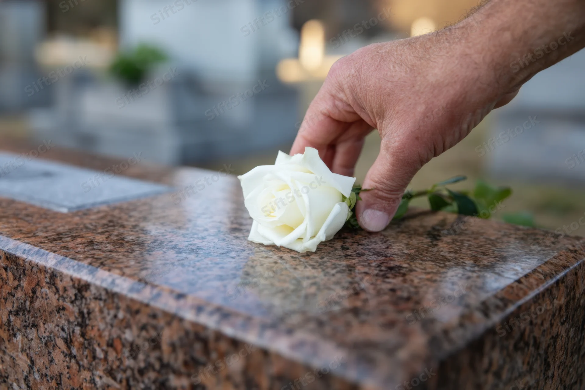 Hand placing a white rose on a granite tombstone in a cemetery
