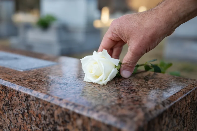 Hand placing a white rose on a granite tombstone in a cemetery