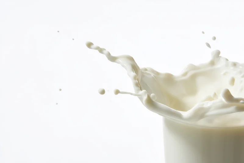 Milk splashing upward from a cup with smooth flowing waves and droplets against white background