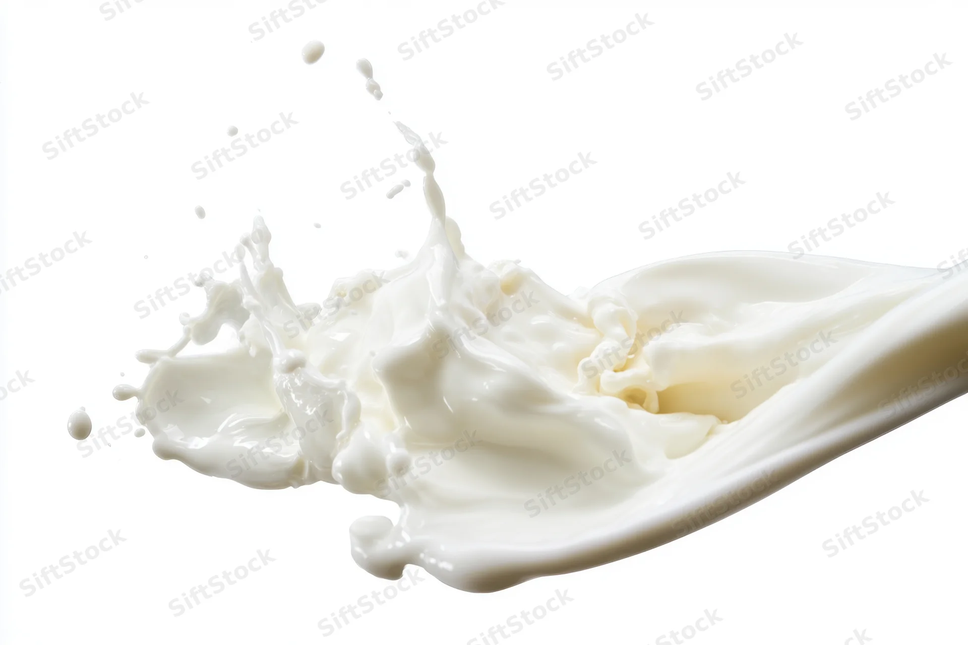 Milk splashing in mid-air with smooth flowing waves and droplets against white background