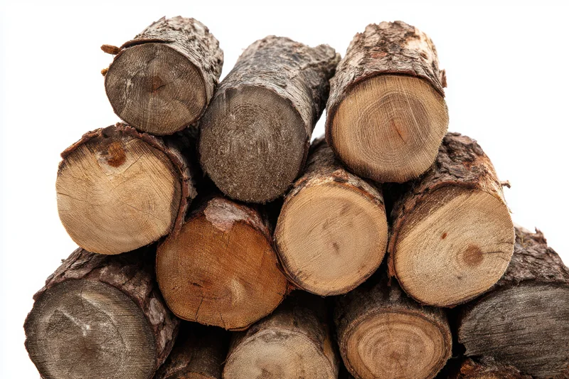 Stacked chopped wood logs with rough bark texture isolated on white background