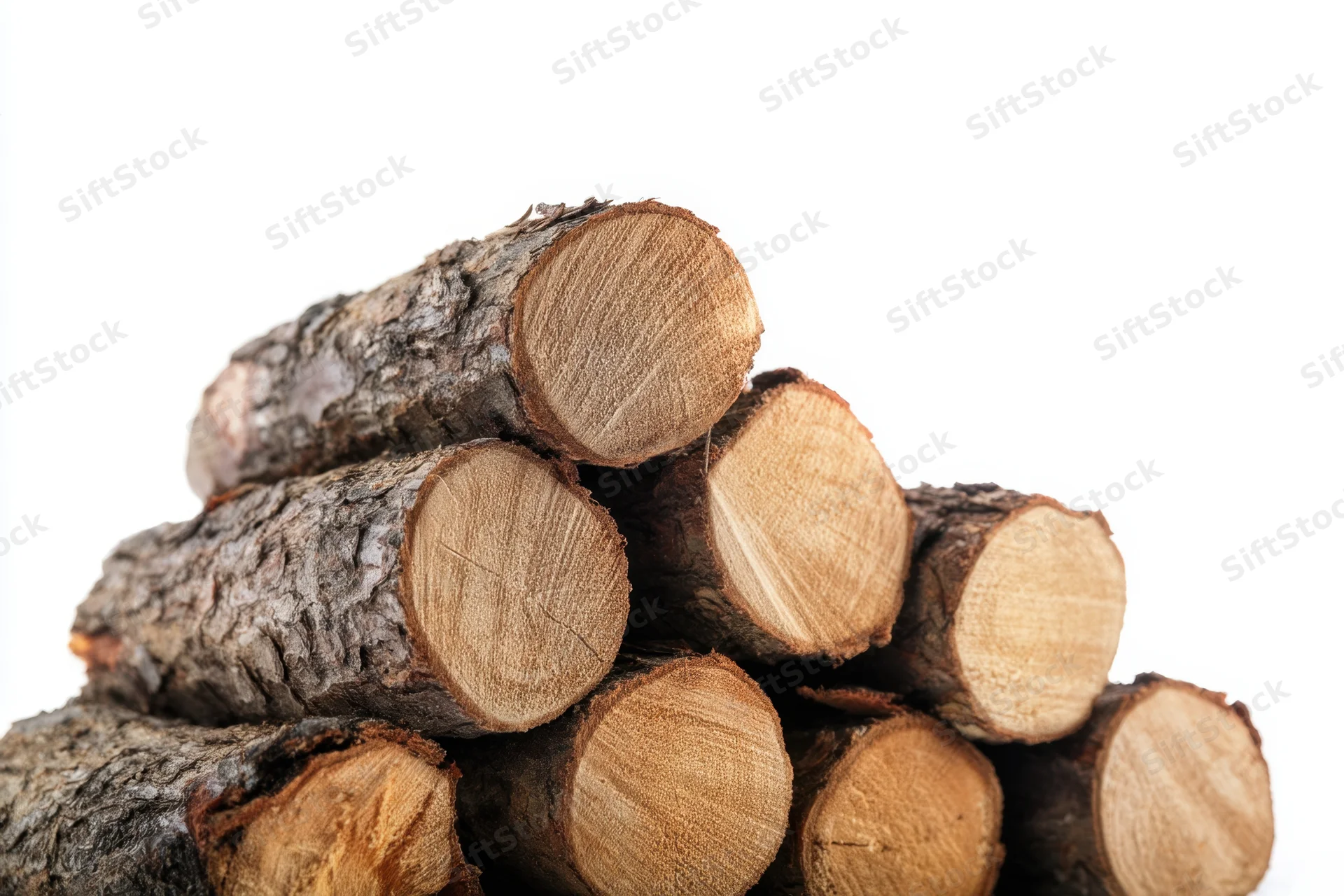 Stacked chopped wood logs with rough bark and visible grain on white background