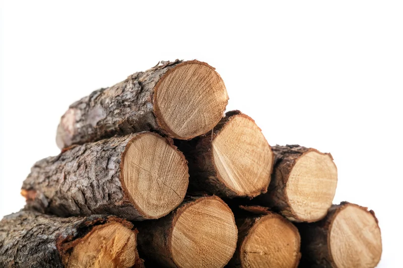 Stacked chopped wood logs with rough bark and visible grain on white background