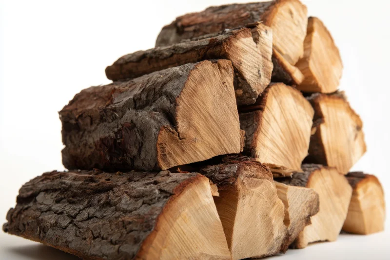 Stack of chopped wood logs with rough bark and visible grain on white background