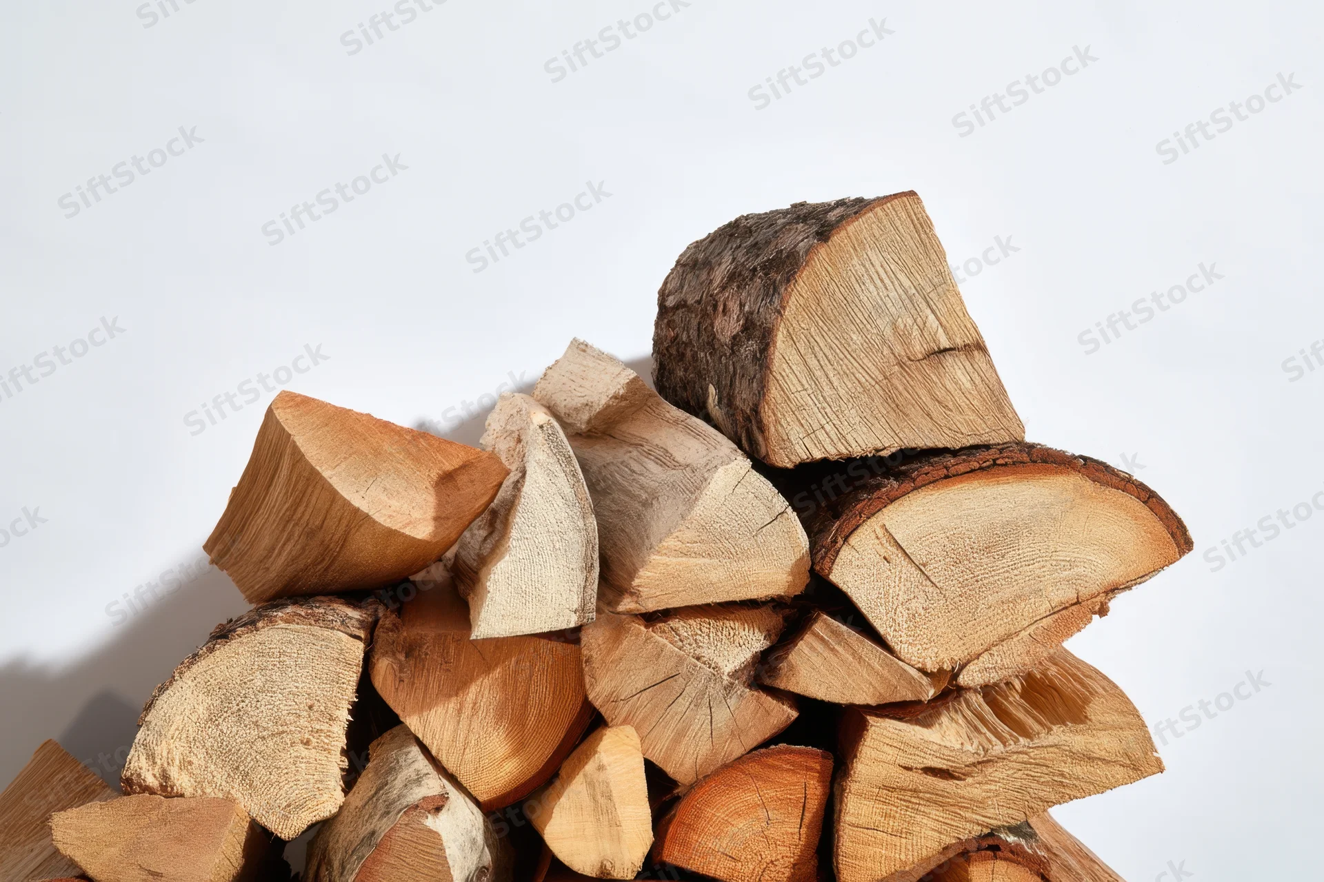 A pile of cut firewood logs stacked together on a white background