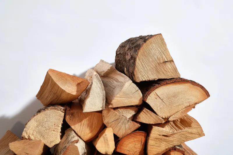 A pile of cut firewood logs stacked together on a white background