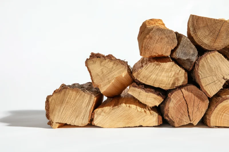 A pile of cut firewood logs stacked on a white surface
