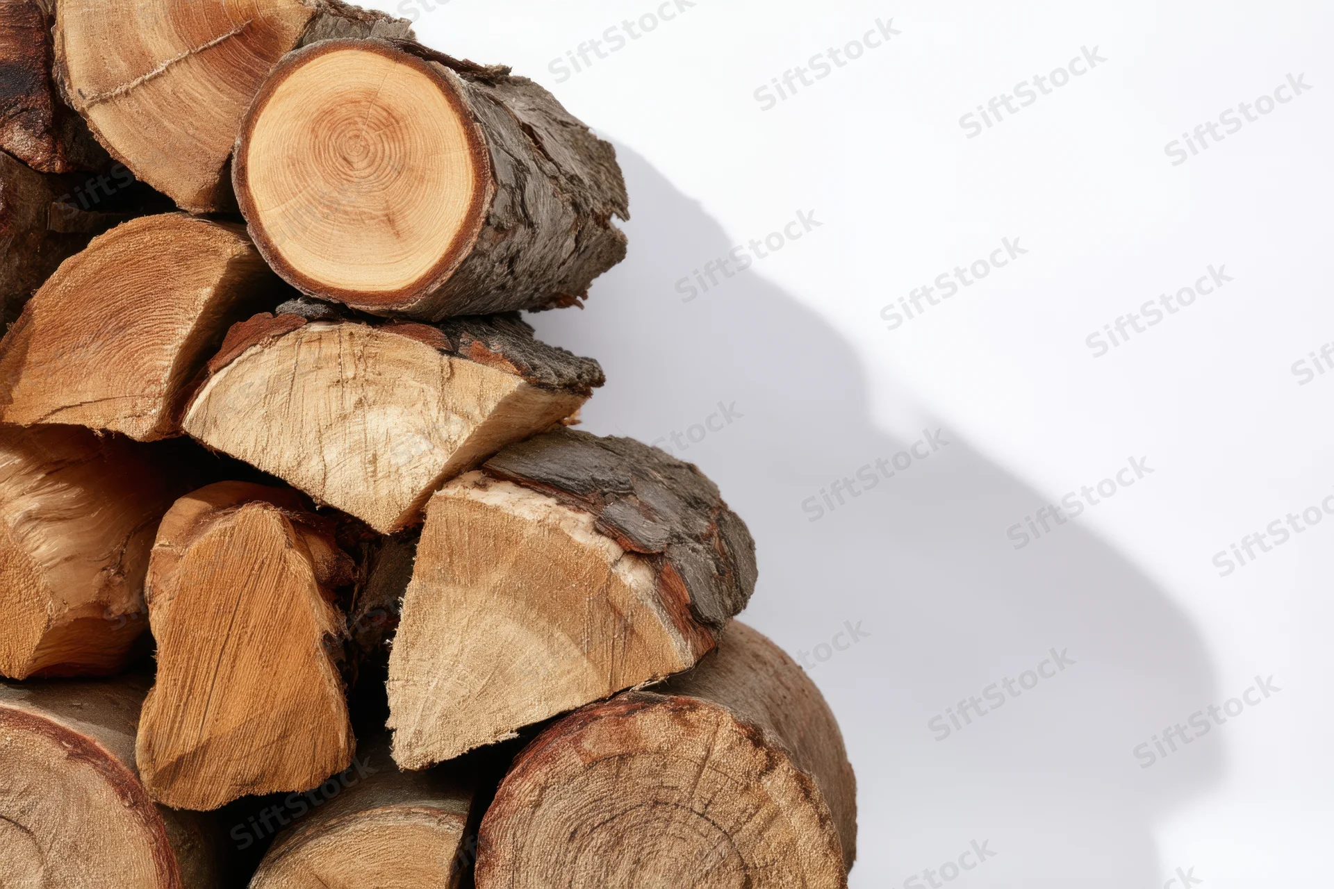 Stack of cut firewood logs arranged in a pile on a white background