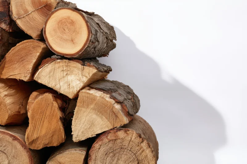 Stack of cut firewood logs arranged in a pile on a white background