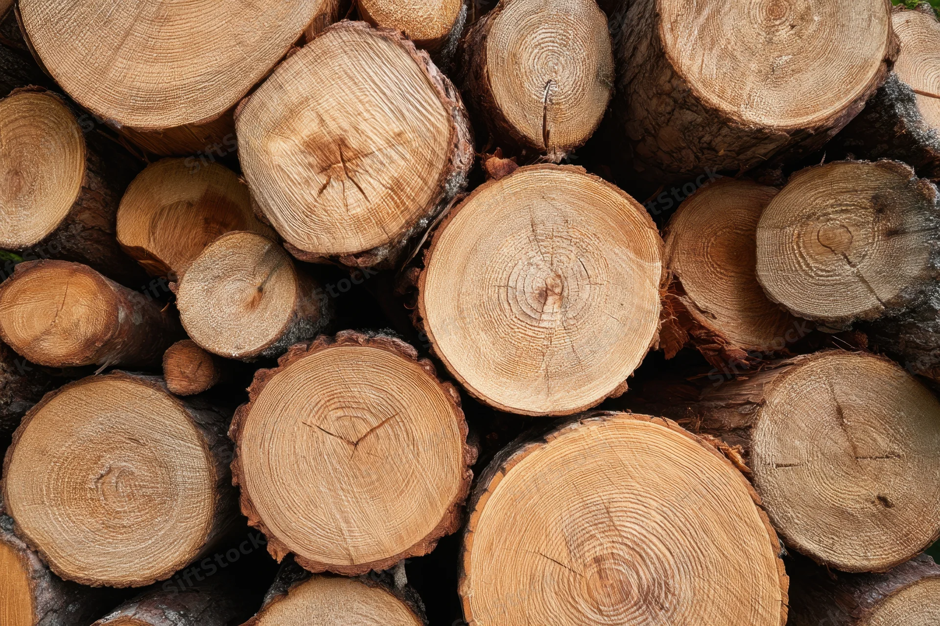 Stacked cut logs arranged in a pile showing wood grain and growth rings