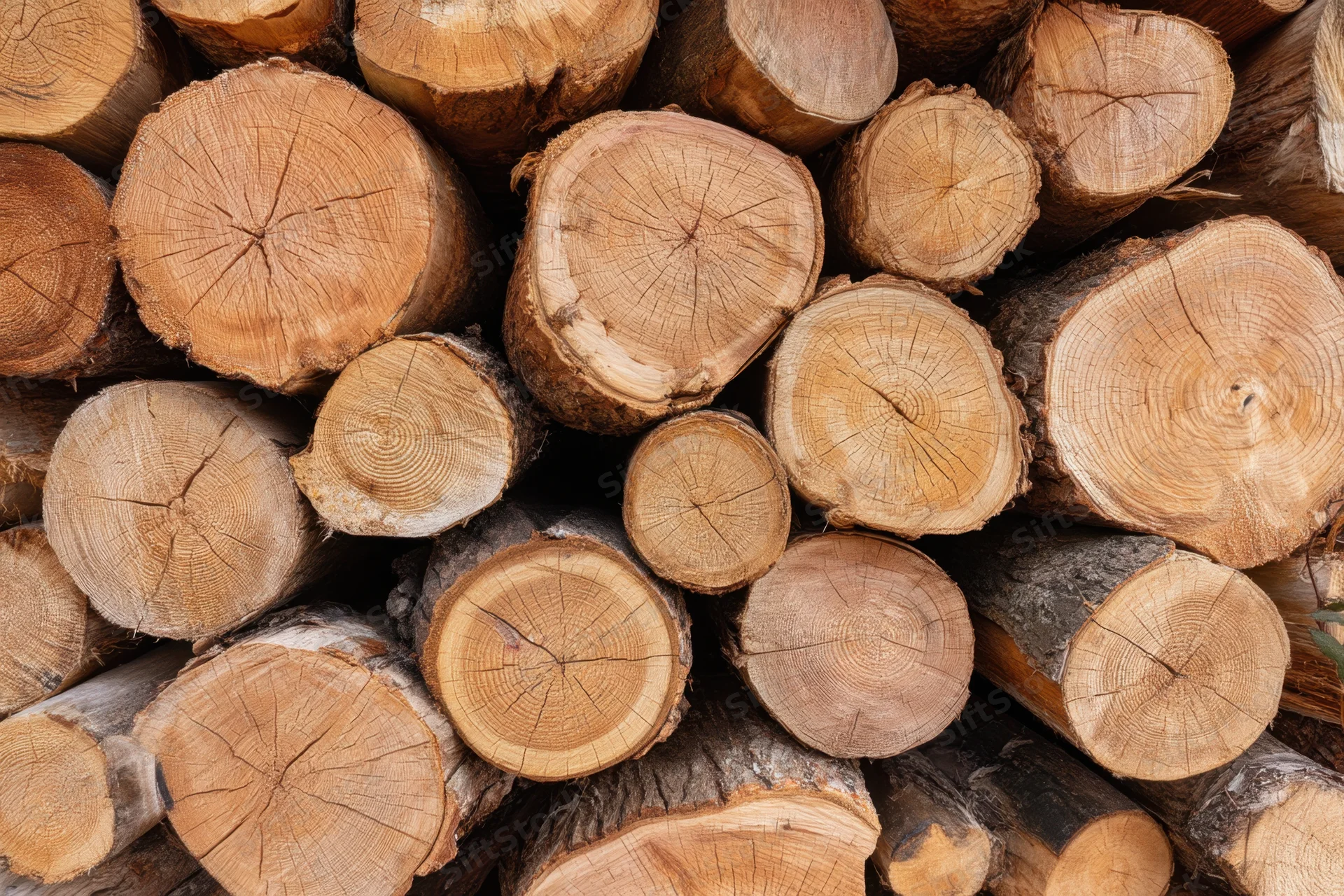 Stacked cut logs arranged in a pile showing wood grain and growth rings
