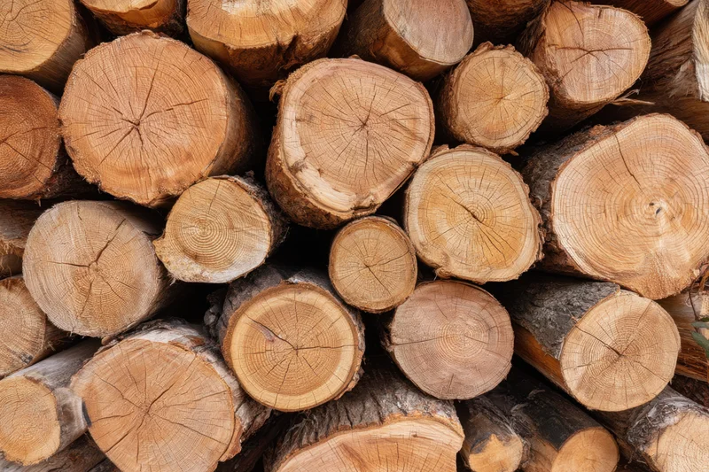 Stacked cut logs arranged in a pile showing wood grain and growth rings
