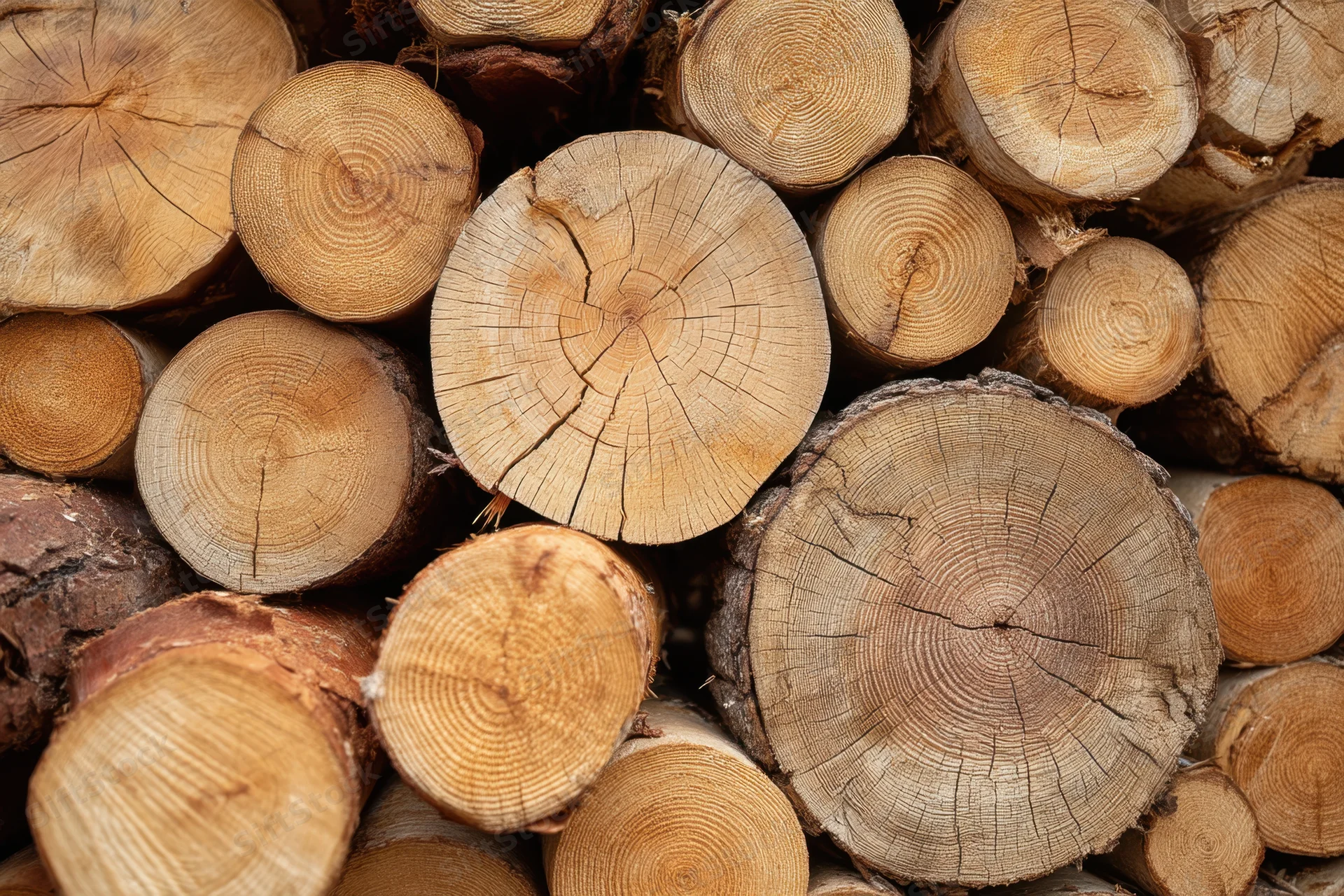 Stacked cut logs arranged in a pile showing wood grain and growth rings