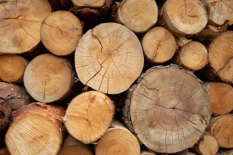 Stacked cut logs arranged in a pile showing wood grain and growth rings