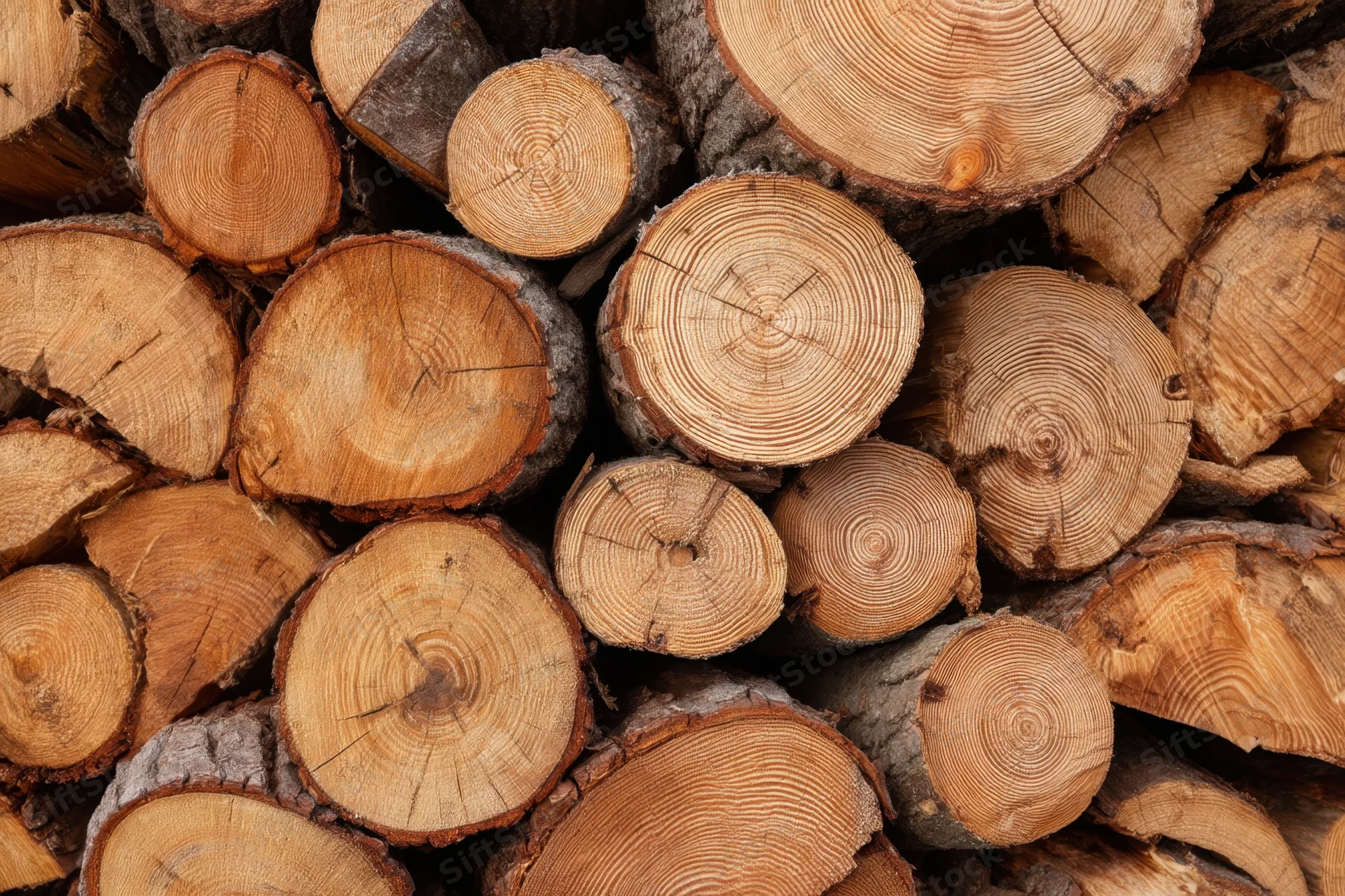 Stacked cut logs arranged in a pile showing wood grain and growth rings