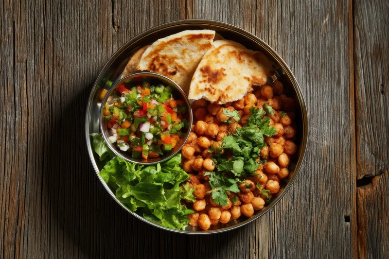 Stainless steel lunchbox with chickpeas, flatbread, salad and salsa on wooden surface