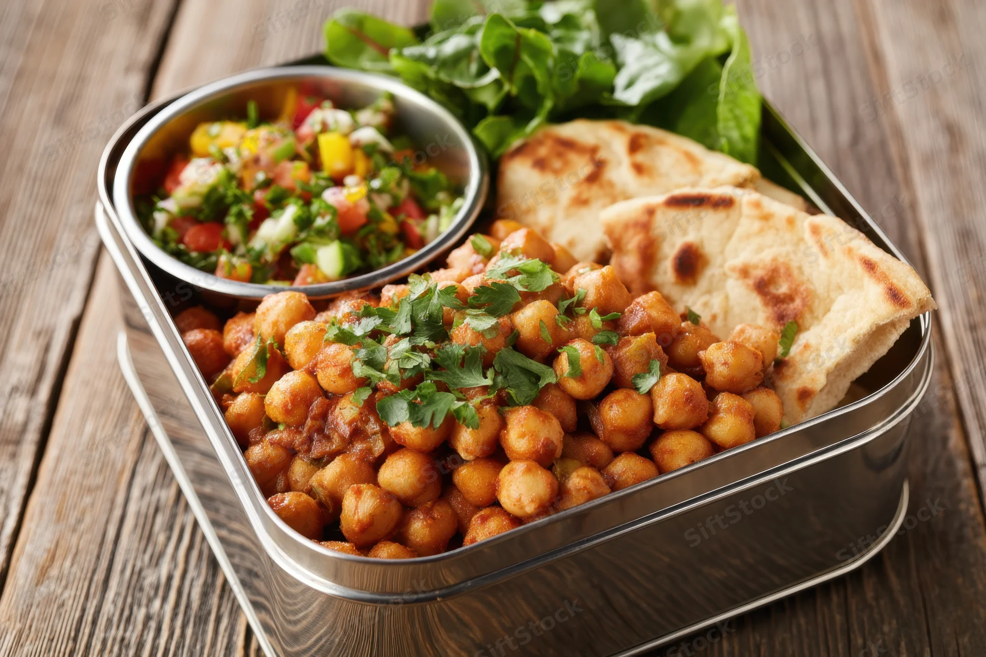 Stainless steel lunchbox with chickpea curry, naan bread, and salad on wooden surface