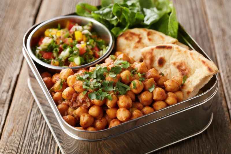 Stainless steel lunchbox with chickpea curry, naan bread, and salad on wooden surface