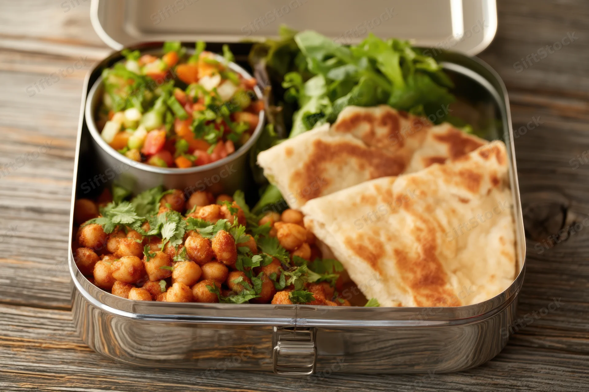 Stainless steel lunchbox with chickpeas, flatbread, and salad arranged on a wooden surface